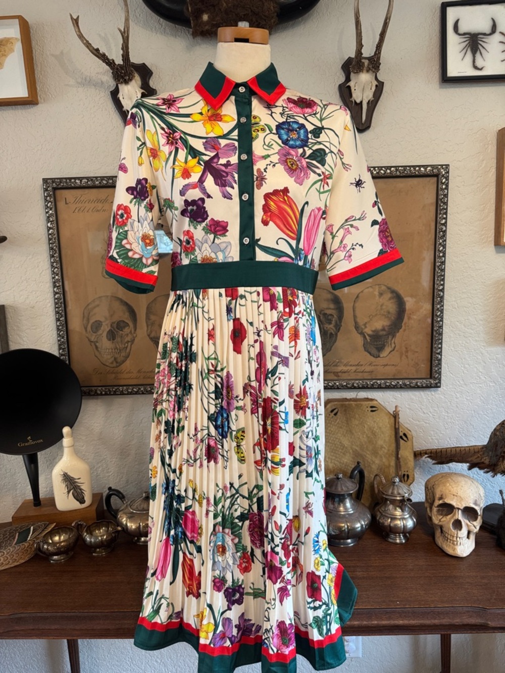 Floral Pleated Midi Dress in Cream with Multicolor Print